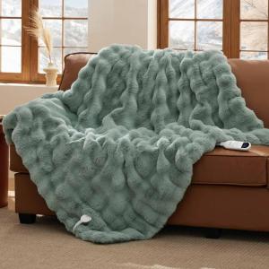 imageBedsure Plaid Heated Blanket Throw  Flannel Sherpa Electric Blanket with Plaid Pattern Heating with 6 Heating Levels 4 Time Settings 3Hour AutoOff Warm Gifts for Grandma Blue 50quotx60quot19  Green