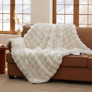 imageBedsure Plaid Heated Blanket Throw  Flannel Sherpa Electric Blanket with Plaid Pattern Heating with 6 Heating Levels 4 Time Settings 3Hour AutoOff Warm Gifts for Grandma Blue 50quotx60quot17  Coconut White