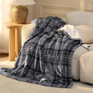 imageBedsure Plaid Heated Blanket Throw  Flannel Sherpa Electric Blanket with Plaid Pattern Heating with 6 Heating Levels 4 Time Settings 3Hour AutoOff Warm Gifts for Grandma Blue 50quotx60quot10  Grey