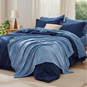 imageBedsure Queen Comforter Set Beige 8 Pieces Prewashed Queen Size Bed in a Bag with Soft Fleece Bed Blanket Down Alternative Bedding Set for All Seasons Sheets Pillowcases ampamp ShamsNavy Blue