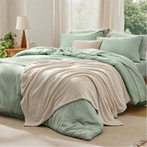 imageBedsure Queen Comforter Set Beige 8 Pieces Prewashed Queen Size Bed in a Bag with Soft Fleece Bed Blanket Down Alternative Bedding Set for All Seasons Sheets Pillowcases ampamp ShamsSage Green