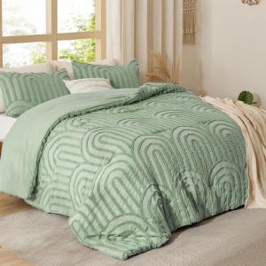 imageBedsure Queen Comforter Set Pink Boho Tufted Bed Set 3D Puffy Jacquard Bedding Queen Size 3 Pieces 1 Farmhouse Shabby Chic Embroidery Comforter with Bow Pattern ampamp 2 Pillow Cases04  Sage Green  Arch Jacquard
