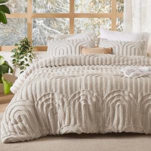 imageBedsure Queen Comforter Set Pink Boho Tufted Bed Set 3D Puffy Jacquard Bedding Queen Size 3 Pieces 1 Farmhouse Shabby Chic Embroidery Comforter with Bow Pattern ampamp 2 Pillow Cases01  Beige  Arch Jacquard