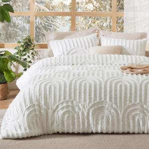 imageBedsure Queen Comforter Set Pink Boho Tufted Bed Set 3D Puffy Jacquard Bedding Queen Size 3 Pieces 1 Farmhouse Shabby Chic Embroidery Comforter with Bow Pattern ampamp 2 Pillow Cases02  White  Arch Jacquard