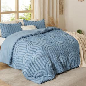 imageBedsure Queen Comforter Set Pink Boho Tufted Bed Set 3D Puffy Jacquard Bedding Queen Size 3 Pieces 1 Farmhouse Shabby Chic Embroidery Comforter with Bow Pattern ampamp 2 Pillow Cases05  Mineral Blue  Arch Jacquard