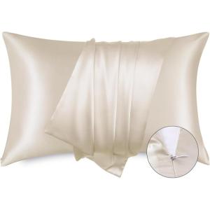 imageBedsure Satin Pillowcase for Hair  Ivory Satin Pillow Cases Standard Size with Zipper 2 Pack Similar to Silk Pillow Cases for Skin Silky ampamp Soft Gifts for Women Men 20x26 Inches01  Beige  Zipper