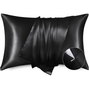 imageBedsure Satin Pillowcase for Hair  Ivory Satin Pillow Cases Standard Size with Zipper 2 Pack Similar to Silk Pillow Cases for Skin Silky ampamp Soft Gifts for Women Men 20x26 Inches04  Black  Zipper