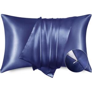 imageBedsure Satin Pillowcase for Hair  Ivory Satin Pillow Cases Standard Size with Zipper 2 Pack Similar to Silk Pillow Cases for Skin Silky ampamp Soft Gifts for Women Men 20x26 Inches11 Navy  Zipper