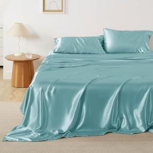 imageBedsure Satin Sheets Queen Size Bed Set  Luxury Silky Bed Sheet Set Ultra Soft ampamp Wrinkle Free Good for Hair ampamp Skin Gifts for Women 15 Inches Deep Pocket 4Piece Queen Silver Grey16  Baby Blue
