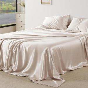 imageBedsure Satin Sheets Queen Size Bed Set  Luxury Silky Bed Sheet Set Ultra Soft ampamp Wrinkle Free Good for Hair ampamp Skin Gifts for Women 15 Inches Deep Pocket 4Piece Queen Silver Grey20  Beige