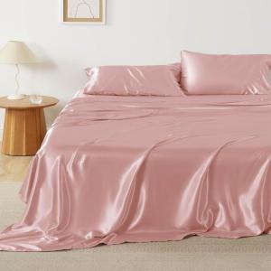 imageBedsure Satin Sheets Queen Size Bed Set  Luxury Silky Bed Sheet Set Ultra Soft ampamp Wrinkle Free Good for Hair ampamp Skin Gifts for Women 15 Inches Deep Pocket 4Piece Queen Silver Grey13  Blush Pink