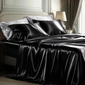 imageBedsure Satin Sheets Queen Size Bed Set  Luxury Silky Bed Sheet Set Ultra Soft ampamp Wrinkle Free Good for Hair ampamp Skin Gifts for Women 15 Inches Deep Pocket 4Piece Queen Silver Grey02  Black