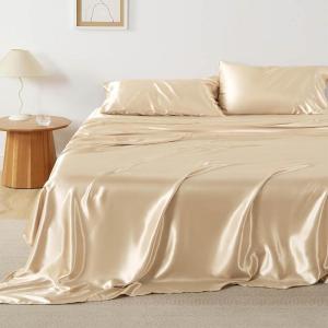 imageBedsure Satin Sheets Queen Size Bed Set  Luxury Silky Bed Sheet Set Ultra Soft ampamp Wrinkle Free Good for Hair ampamp Skin Gifts for Women 15 Inches Deep Pocket 4Piece Queen Silver Grey06  Champagne