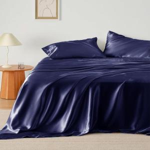 imageBedsure Satin Sheets Queen Size Bed Set  Luxury Silky Bed Sheet Set Ultra Soft ampamp Wrinkle Free Good for Hair ampamp Skin Gifts for Women 15 Inches Deep Pocket 4Piece Queen Silver Grey14  Navy