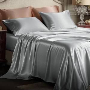 imageBedsure Satin Sheets Queen Size Bed Set  Luxury Silky Bed Sheet Set Ultra Soft ampamp Wrinkle Free Good for Hair ampamp Skin Gifts for Women 15 Inches Deep Pocket 4Piece Queen Silver Grey01  Silver Grey