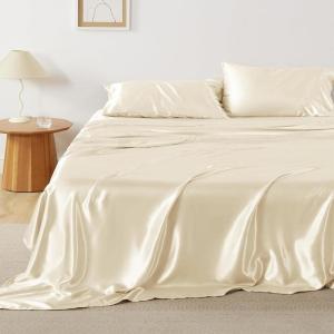 imageBedsure Satin Sheets Queen Size Bed Set  Luxury Silky Bed Sheet Set Ultra Soft ampamp Wrinkle Free Good for Hair ampamp Skin Gifts for Women 15 Inches Deep Pocket 4Piece Queen Silver Grey17  Cream