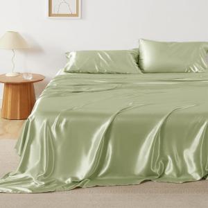 imageBedsure Satin Sheets Queen Size Bed Set  Luxury Silky Bed Sheet Set Ultra Soft ampamp Wrinkle Free Good for Hair ampamp Skin Gifts for Women 15 Inches Deep Pocket 4Piece Queen Silver Grey09  Sage Green