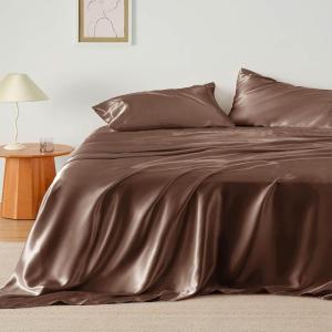 imageBedsure Satin Sheets Queen Size Bed Set  Luxury Silky Bed Sheet Set Ultra Soft ampamp Wrinkle Free Good for Hair ampamp Skin Gifts for Women 15 Inches Deep Pocket 4Piece Queen Silver Grey08  Coffee