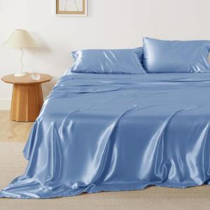 imageBedsure Satin Sheets Queen Size Bed Set  Luxury Silky Bed Sheet Set Ultra Soft ampamp Wrinkle Free Good for Hair ampamp Skin Gifts for Women 15 Inches Deep Pocket 4Piece Queen Silver Grey12  Sky Blue