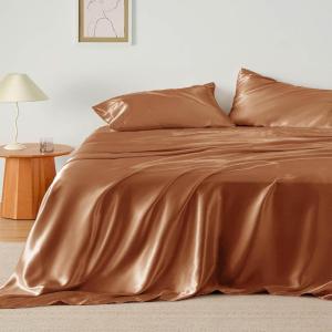 imageBedsure Satin Sheets Queen Size Bed Set  Luxury Silky Bed Sheet Set Ultra Soft ampamp Wrinkle Free Good for Hair ampamp Skin Gifts for Women 15 Inches Deep Pocket 4Piece Queen Silver Grey21  Burnt Orange