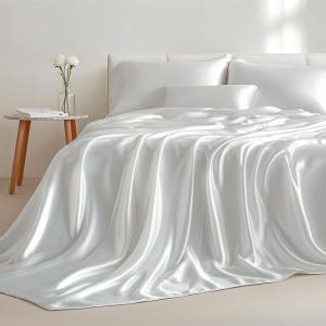 imageBedsure Satin Sheets Queen Size Bed Set  Luxury Silky Bed Sheet Set Ultra Soft ampamp Wrinkle Free Good for Hair ampamp Skin Gifts for Women 15 Inches Deep Pocket 4Piece Queen Silver Grey03  White
