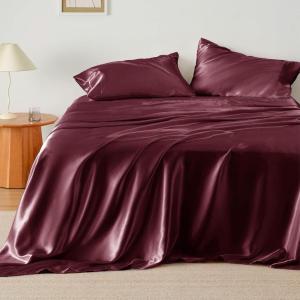 imageBedsure Satin Sheets Queen Size Bed Set  Luxury Silky Bed Sheet Set Ultra Soft ampamp Wrinkle Free Good for Hair ampamp Skin Gifts for Women 15 Inches Deep Pocket 4Piece Queen Silver Grey19  Burgundy