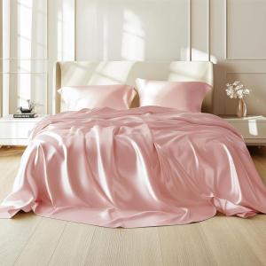 imageBedsure Satin Sheets Queen Size Bed Set  Luxury Silky Bed Sheet Set Ultra Soft ampamp Wrinkle Free Good for Hair ampamp Skin Gifts for Women 15 Inches Deep Pocket 4Piece Queen Silver Grey05 Pink