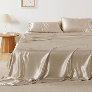 imageBedsure Satin Sheets Queen Size Bed Set  Luxury Silky Bed Sheet Set Ultra Soft ampamp Wrinkle Free Good for Hair ampamp Skin Gifts for Women 15 Inches Deep Pocket 4Piece Queen Silver Grey18  Khaki