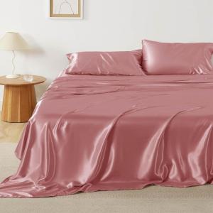 imageBedsure Satin Sheets Queen Size Bed Set  Luxury Silky Bed Sheet Set Ultra Soft ampamp Wrinkle Free Good for Hair ampamp Skin Gifts for Women 15 Inches Deep Pocket 4Piece Queen Silver Grey11  Coral