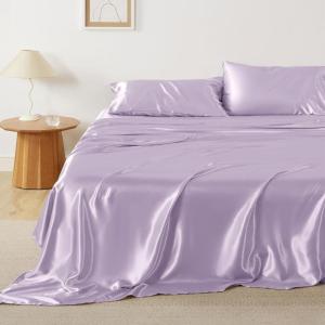 imageBedsure Satin Sheets Queen Size Bed Set  Luxury Silky Bed Sheet Set Ultra Soft ampamp Wrinkle Free Good for Hair ampamp Skin Gifts for Women 15 Inches Deep Pocket 4Piece Queen Silver Grey15  Lavender