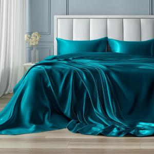 imageBedsure Satin Sheets Queen Size Bed Set  Luxury Silky Bed Sheet Set Ultra Soft ampamp Wrinkle Free Good for Hair ampamp Skin Gifts for Women 15 Inches Deep Pocket 4Piece Queen Silver Grey04  Teal