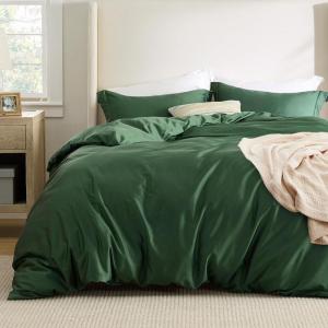 imageBedsure Striped Duvet Cover Queen Size  MoistureWicking Eucalyptus Lyocell Cotton ampamp Linen Hybrid Comforter Cover Set with Bowknot Ties Closure  GentleSoft ampamp Breathable Bedding Set  Seaweed Green09  Forest Green No Comforter