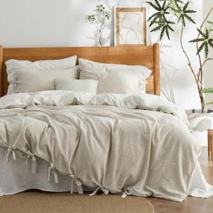 imageBedsure Striped Duvet Cover Queen Size  MoistureWicking Eucalyptus Lyocell Cotton ampamp Linen Hybrid Comforter Cover Set with Bowknot Ties Closure  GentleSoft ampamp Breathable Bedding Set  Seaweed Green02  Linen No Comforter