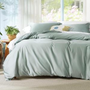 imageBedsure Striped Duvet Cover Queen Size  MoistureWicking Eucalyptus Lyocell Cotton ampamp Linen Hybrid Comforter Cover Set with Bowknot Ties Closure  GentleSoft ampamp Breathable Bedding Set  Seaweed Green08  Jadeite Green No Comforter