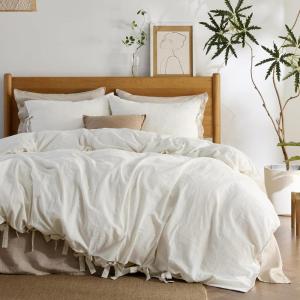 imageBedsure Striped Duvet Cover Queen Size  MoistureWicking Eucalyptus Lyocell Cotton ampamp Linen Hybrid Comforter Cover Set with Bowknot Ties Closure  GentleSoft ampamp Breathable Bedding Set  Seaweed Green06  Off White No Comforter