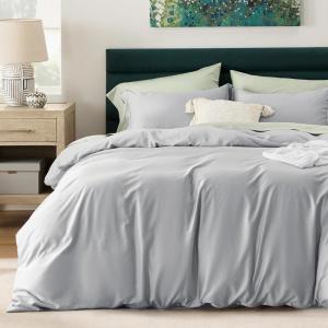 imageBedsure Striped Duvet Cover Queen Size  MoistureWicking Eucalyptus Lyocell Cotton ampamp Linen Hybrid Comforter Cover Set with Bowknot Ties Closure  GentleSoft ampamp Breathable Bedding Set  Seaweed Green06  Silver Grey No Comforter