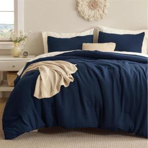 imageBedsure Waffle Comforter Set Queen Soft and Breathable Coconut White Bedding Comforter Set 3 Pieces 1 Waffle Weave Comforter 90quotx90quot and 2 Pillow Shams 20quotx26quot2quot07  Navy