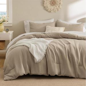 imageBedsure Waffle Comforter Set Queen Soft and Breathable Coconut White Bedding Comforter Set 3 Pieces 1 Waffle Weave Comforter 90quotx90quot and 2 Pillow Shams 20quotx26quot2quot08  Khaki