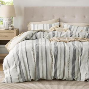 imageBedsure Waffle Queen Comforter Set  Linen Soft Cotton Bedding Set for All Seasons Stripe Fluffy Bed Set 3 Pieces with 1 Waffle Weave Comforter Queen Size and 2 Pillow Shams02  Ivory