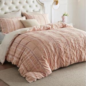 imageBedsure Waffle Queen Comforter Set  Linen Soft Cotton Bedding Set for All Seasons Stripe Fluffy Bed Set 3 Pieces with 1 Waffle Weave Comforter Queen Size and 2 Pillow Shams05  Pink