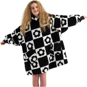 imageBedsure Wearable Blanket Hoodie Birthday Gifts for Girlfriend  Shaggy Sherpa Checkered Blanket Hoodie for Women Adults Men Warm Hooded Sweatshirt Chessboard PatternBlack