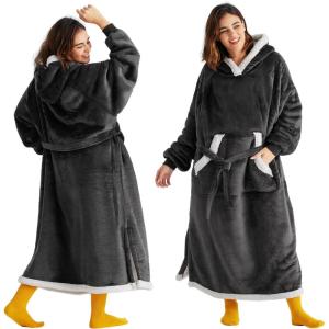 imageBedsure Wearable Blanket Hoodie Long Hooded Blanket Sweatshirt as Birthday Gifts for Women Cozy Sherpa Hoodie for Adult Standard Dark PurpleCharcoal