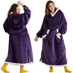 imageBedsure Wearable Blanket Hoodie Long Hooded Blanket Sweatshirt as Birthday Gifts for Women Cozy Sherpa Hoodie for Adult Standard Dark PurpleDark Purple