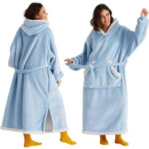 imageBedsure Wearable Blanket Hoodie Long Hooded Blanket Sweatshirt as Birthday Gifts for Women Cozy Sherpa Hoodie for Adult Standard Dark PurpleDream Blue
