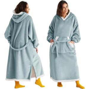 imageBedsure Wearable Blanket Hoodie Long Hooded Blanket Sweatshirt as Birthday Gifts for Women Cozy Sherpa Hoodie for Adult Standard Dark PurpleLight Green