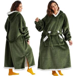 imageBedsure Wearable Blanket Hoodie Long Hooded Blanket Sweatshirt as Birthday Gifts for Women Cozy Sherpa Hoodie for Adult Standard Dark PurpleOlive Green