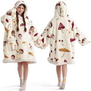 imageBedsure Wearable Blanket Hoodie Sherpa Hooded Blanket Printed for Adult ampamp Kids as Gifts for Women Mom Gifts Sherpa Hoodie Standard Mushroom BeigeBeige