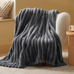 imageBedsure White Throw Fleece Blanket for Couch  Super GentleSoft Cozy Blankets for Women Cute Small Throws for Girls 50x60 Inches Wider Striped DesignDark Grey