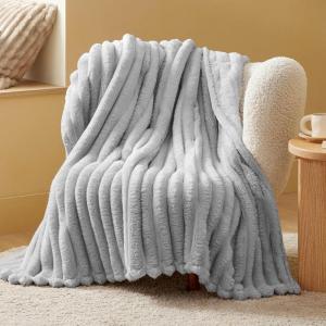 imageBedsure White Throw Fleece Blanket for Couch  Super GentleSoft Cozy Blankets for Women Cute Small Throws for Girls 50x60 Inches Wider Striped DesignLight Grey
