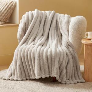 imageBedsure White Throw Fleece Blanket for Couch  Super GentleSoft Cozy Blankets for Women Cute Small Throws for Girls 50x60 Inches Wider Striped DesignNatural